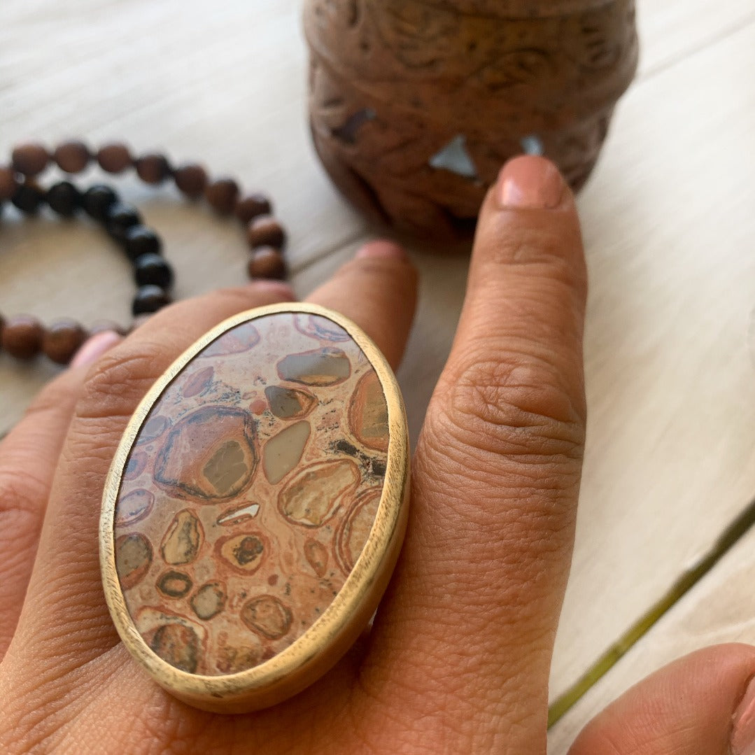 Anillo Jaspe Leopardita y Bronce