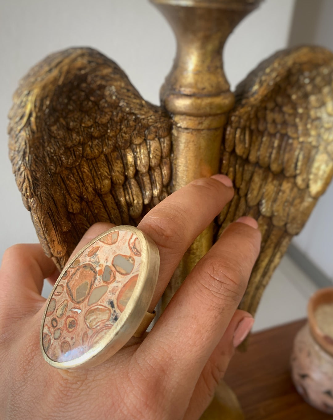 Anillo Jaspe Leopardita y Bronce